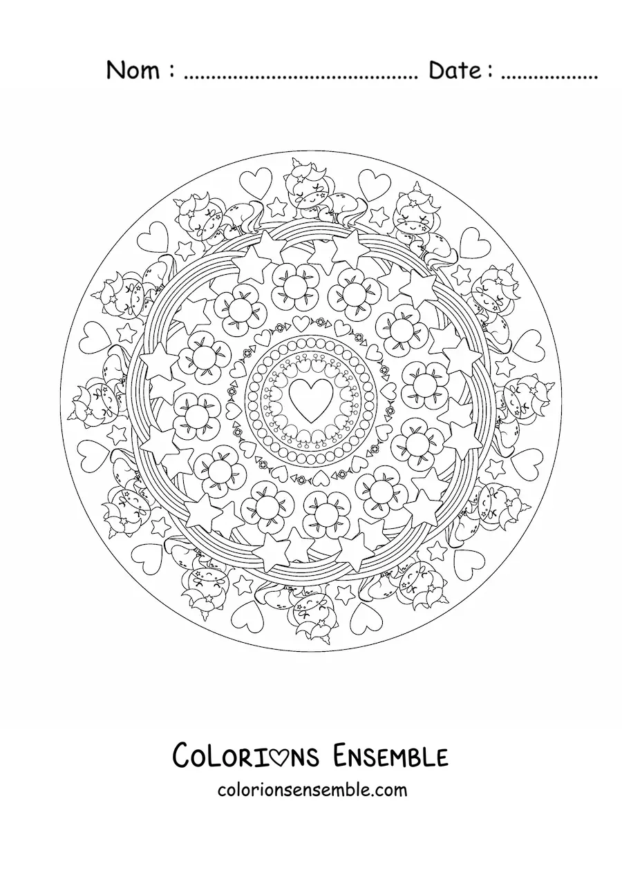 Image à colorier d'un mandala kawaii avec des licornes, des fleurs, des cœurs et des étoiles