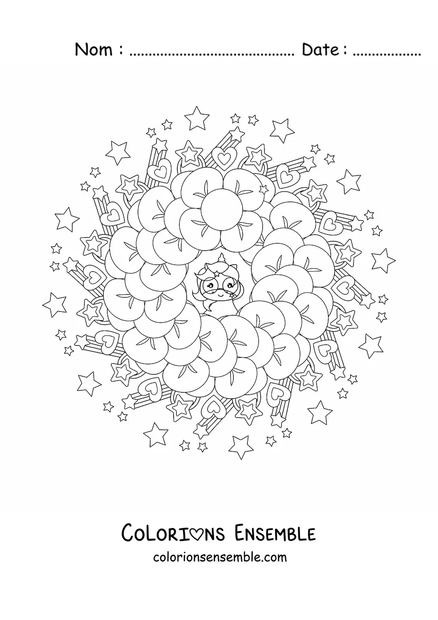 Image à colorier d'un mandala kawaii avec des licornes, des cœurs et des étoiles