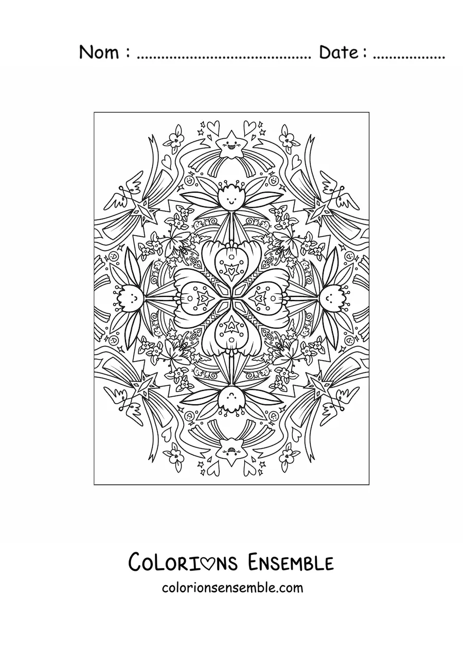 Image à colorier d'un mandala kawaii avec des fleurs et des étoiles