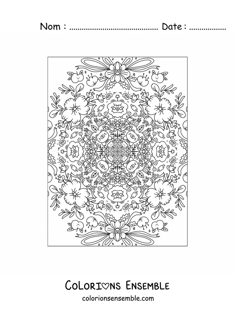 Image à colorier d'un mandala kawaii avec des fleurs et des animaux
