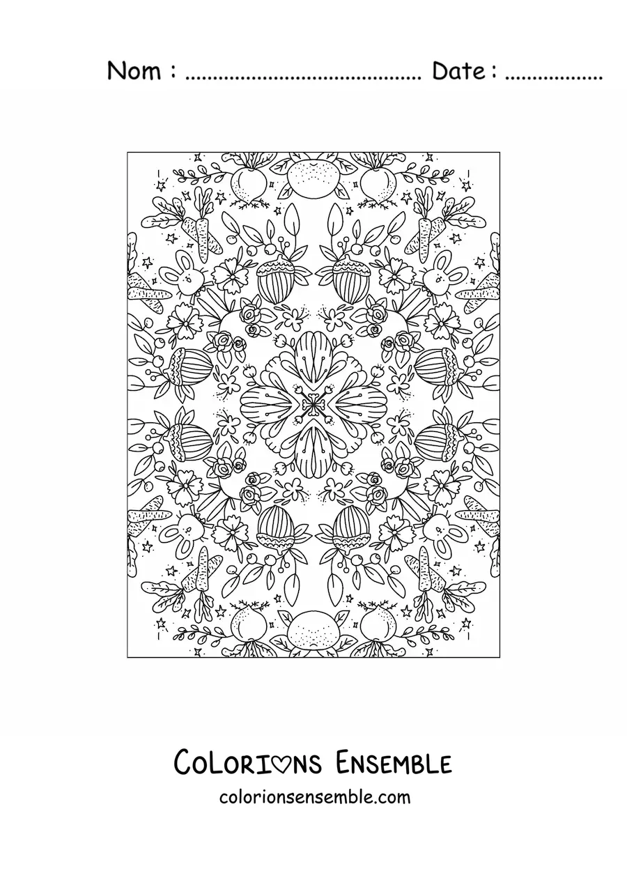 Image à colorier d'un mandala kawaii avec des fleurs et des lapins
