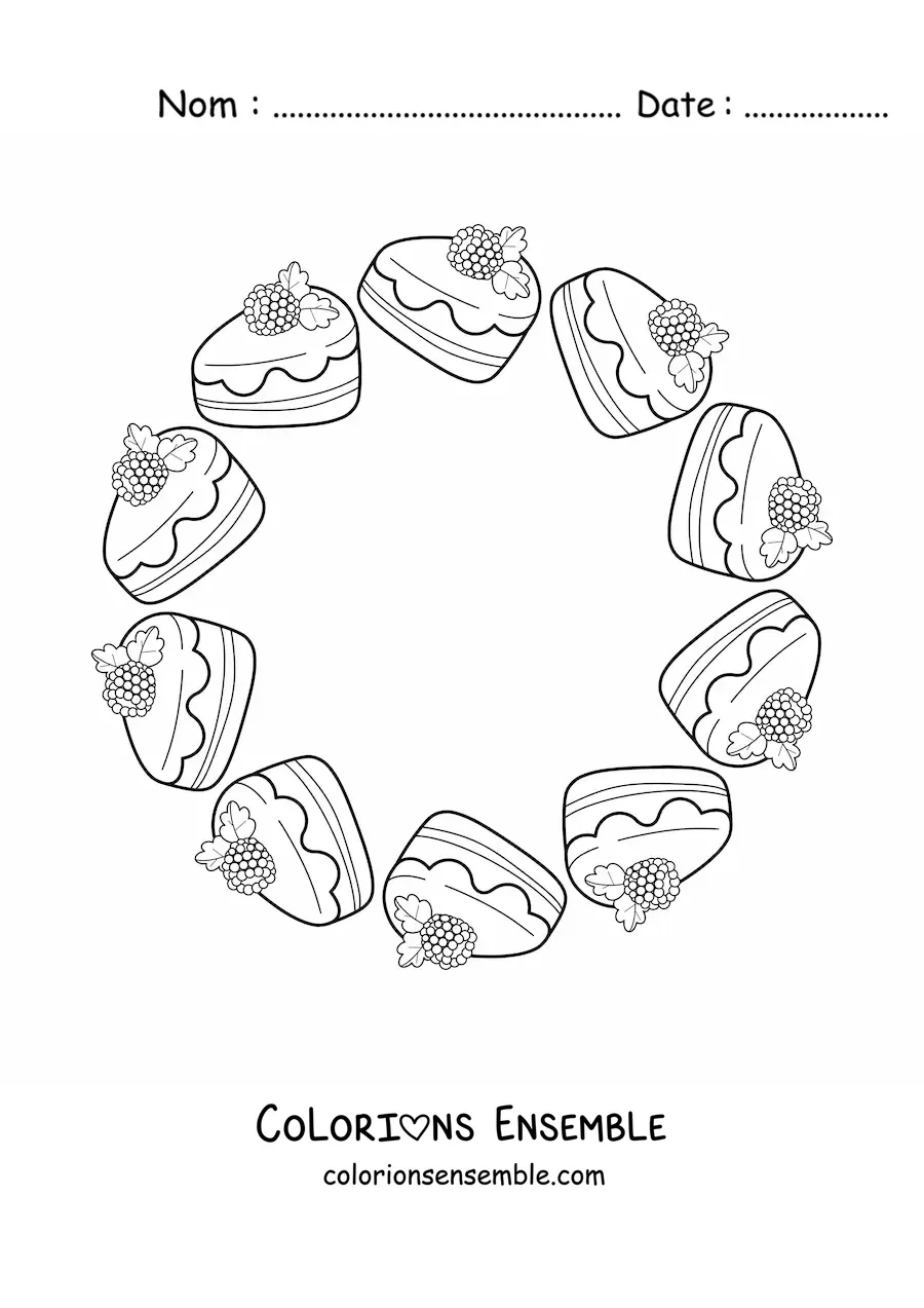 Image à colorier d'un mandala kawaii avec des parts de gâteau