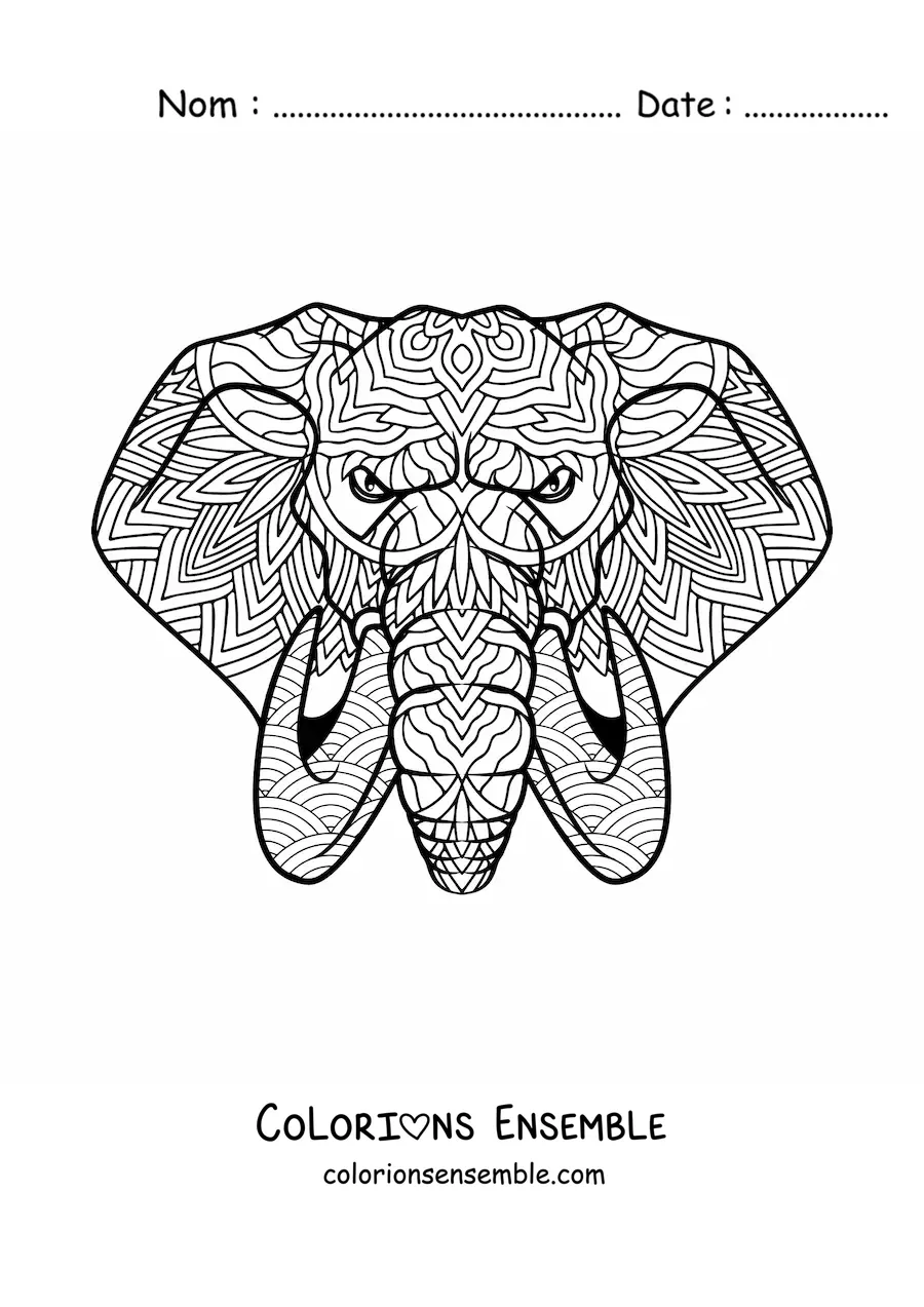 Image à colorier d'un mandala de style Zentangle représentant une tête d'éléphant