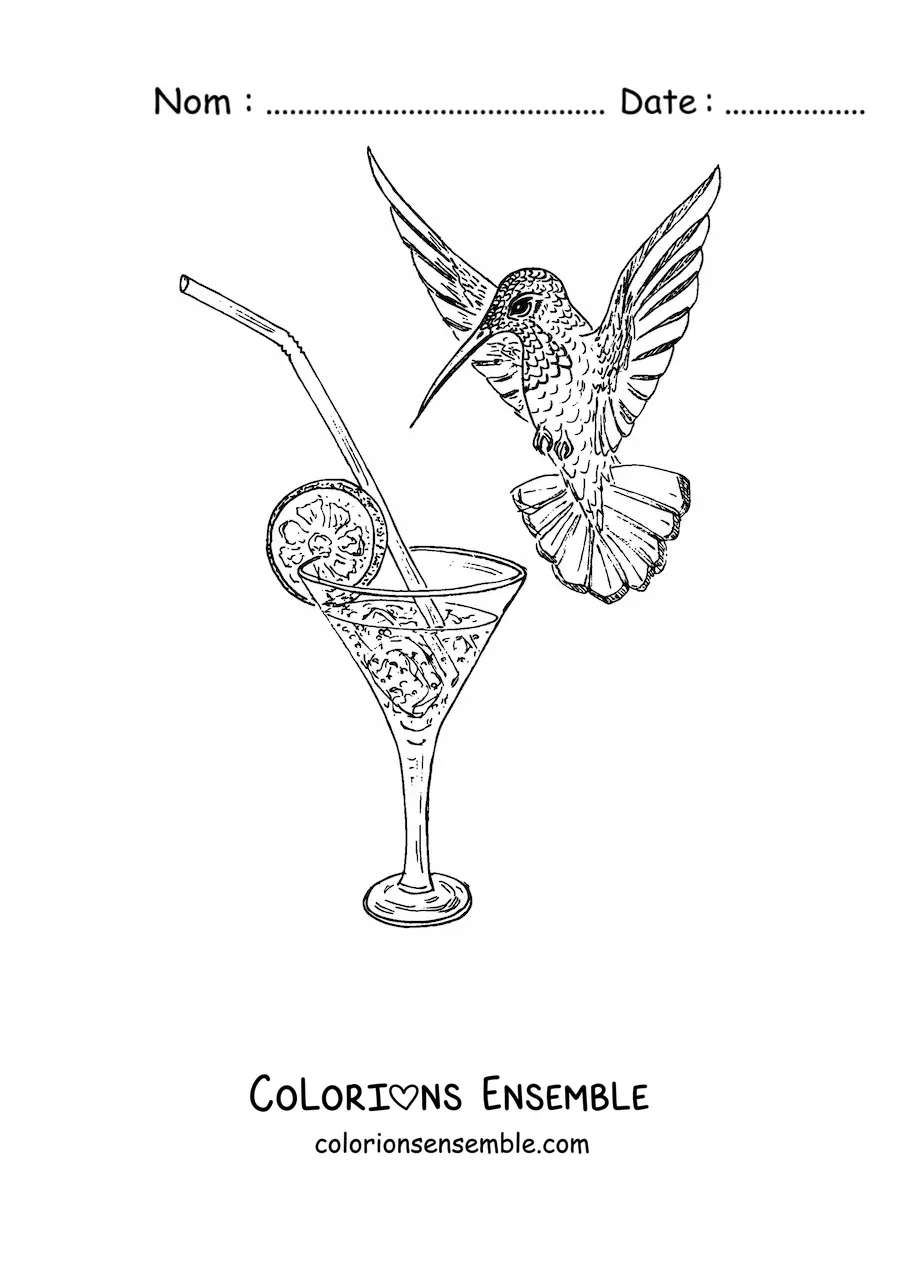 Image à colorier d’un colibri qui boit dans un verre avec une rondelle de citron