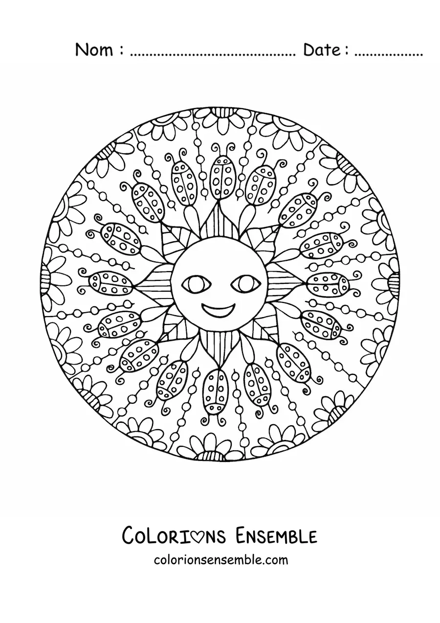 Image à colorier d'un mandala avec un soleil rieur entouré de coccinelles et de fleurs