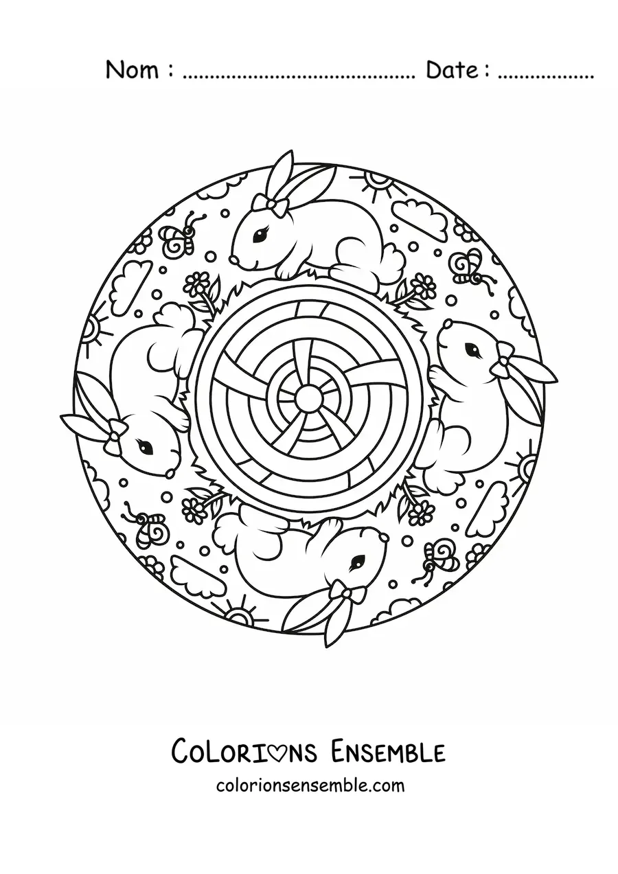 Image à colorier d'un mandala avec des lapins kawaii