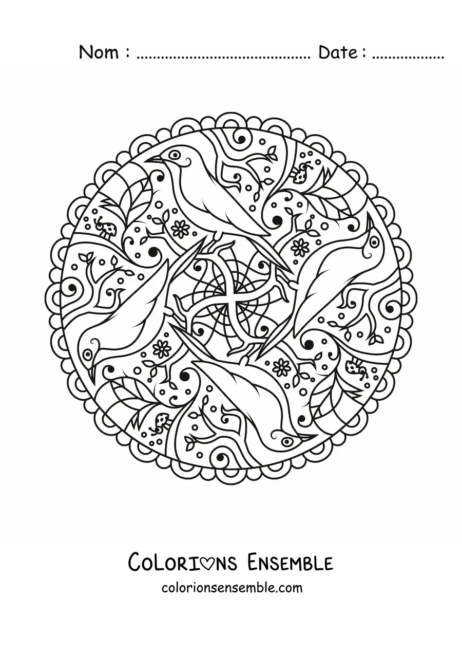 Image à colorier d'un mandala d'oiseaux