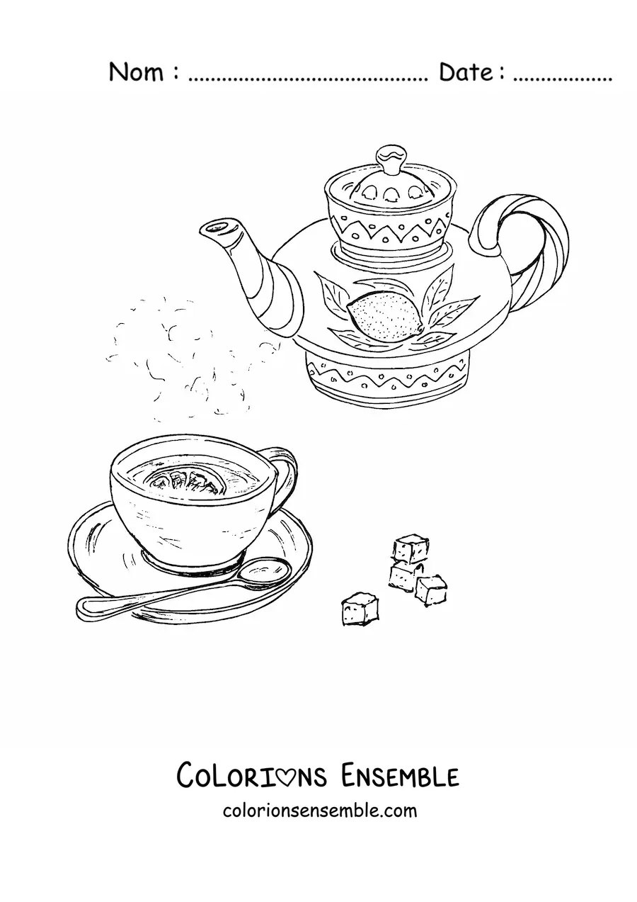 Image à colorier d’une théière avec du thé au citron
