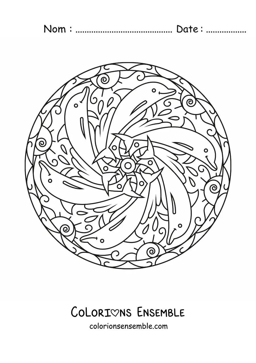 Image à colorier d'un mandala de dauphins