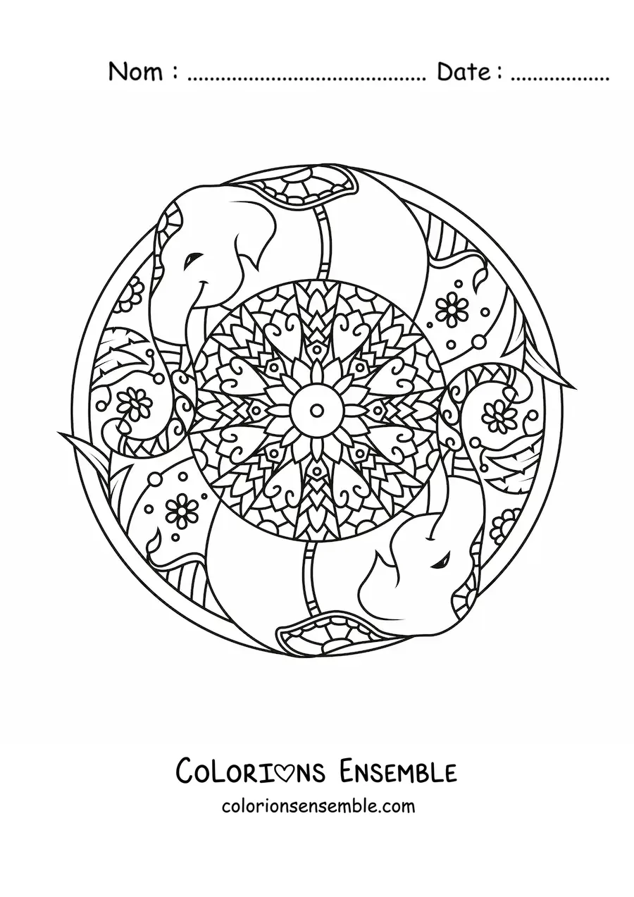 Image à colorier d'un mandala d'éléphants