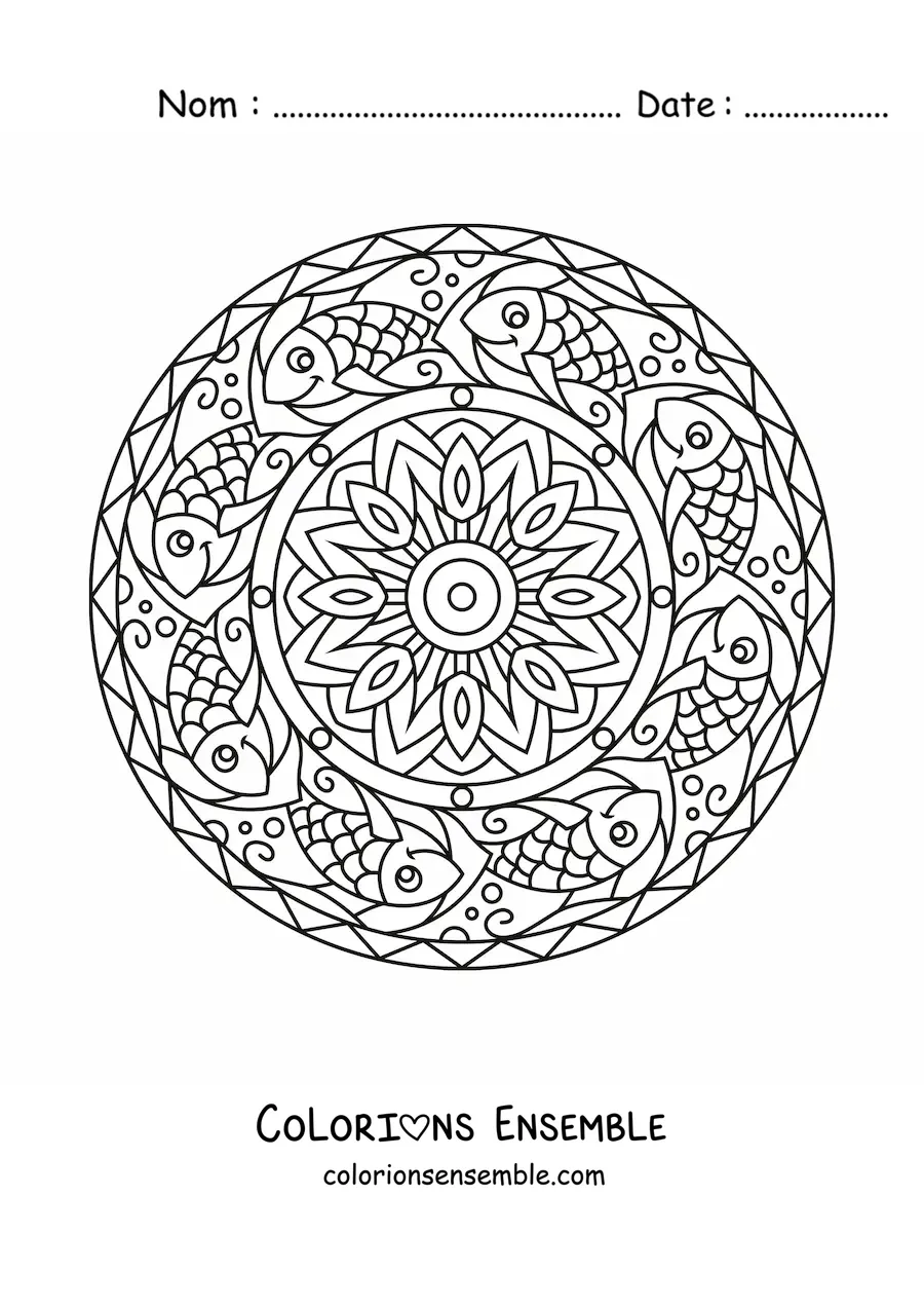 Image à colorier d'un mandala de poissons