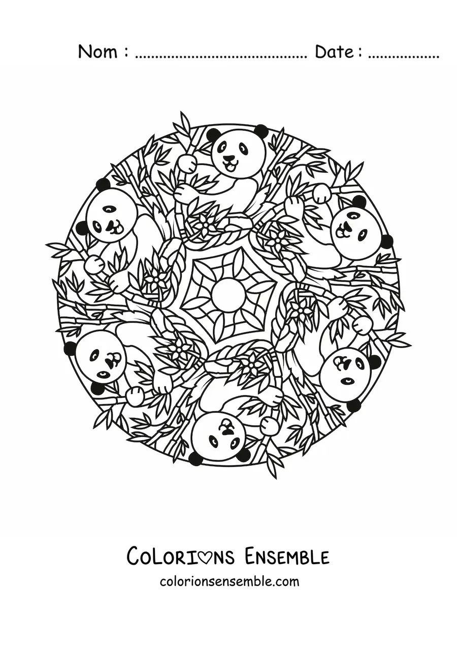 Image à colorier d'un mandala de pandas