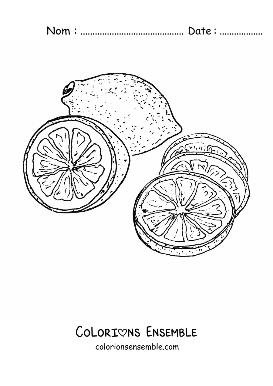 Image à colorier d’un citron entier et de plusieurs rondelles de citron