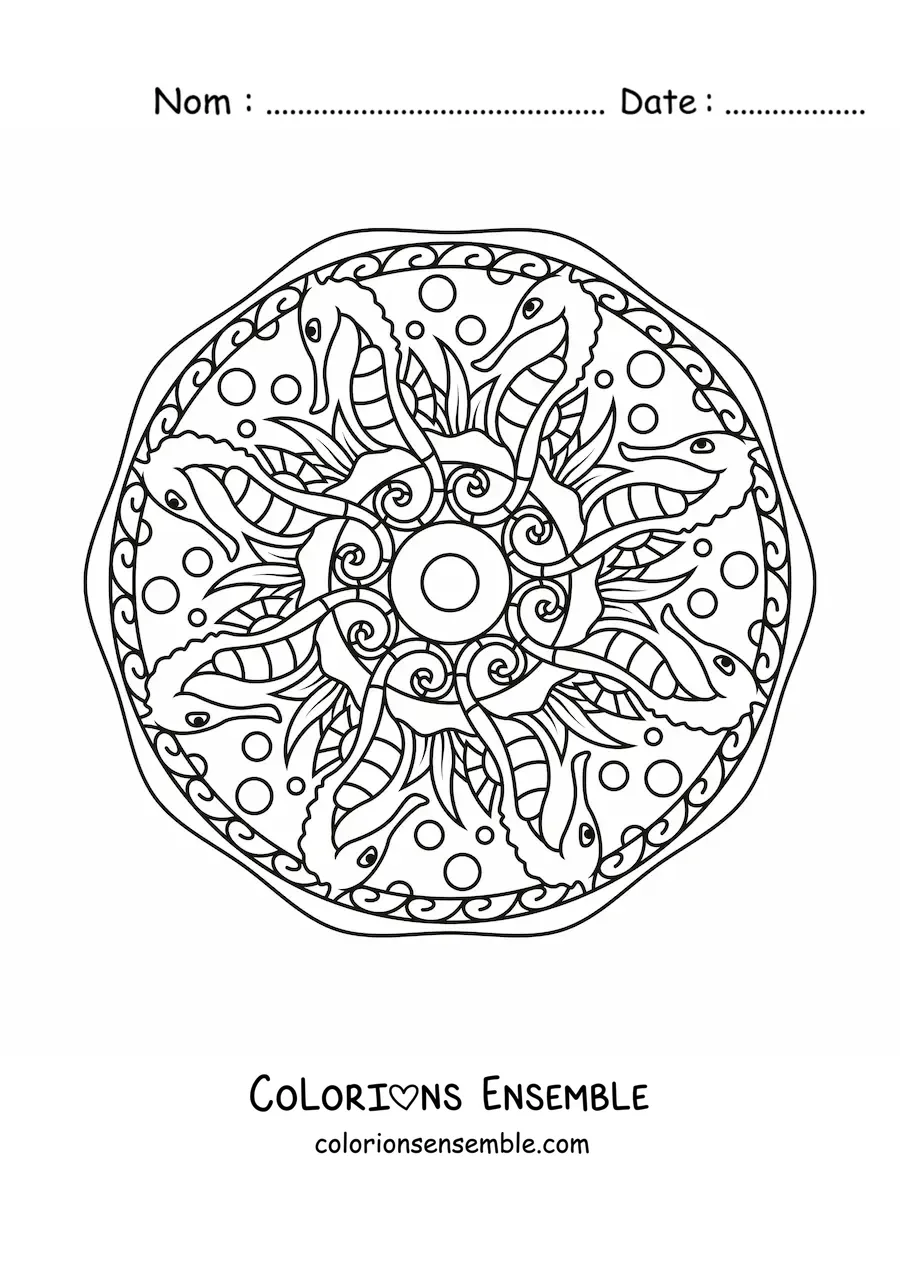 Image à colorier d'un mandala d'hippocampes