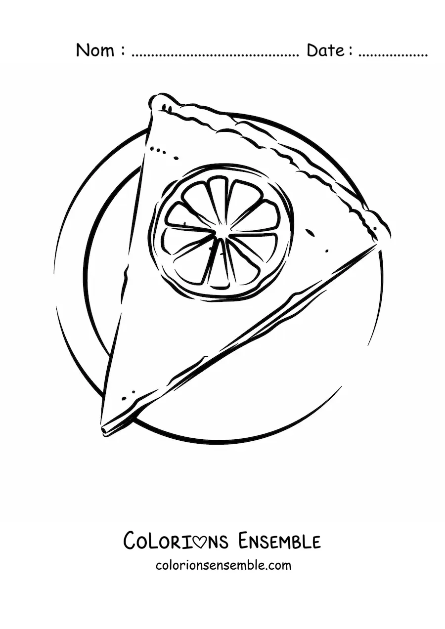 Image à colorier d’une part de tarte au citron dans une assiette