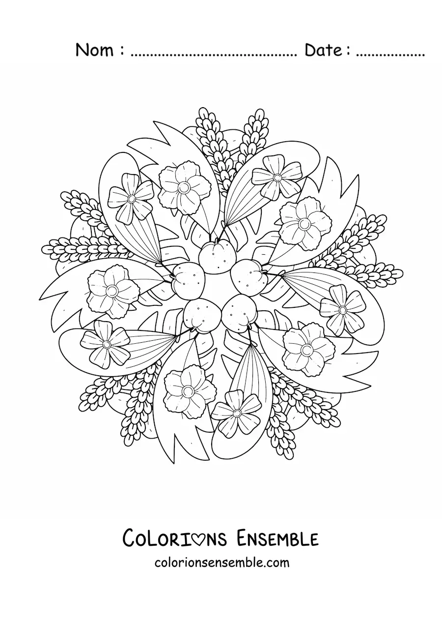 Image à colorier d'un mandala de fleurs et de feuilles facile