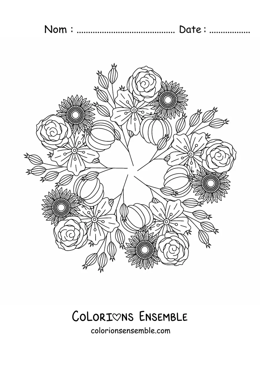Image à colorier d'un mandala de fleurs