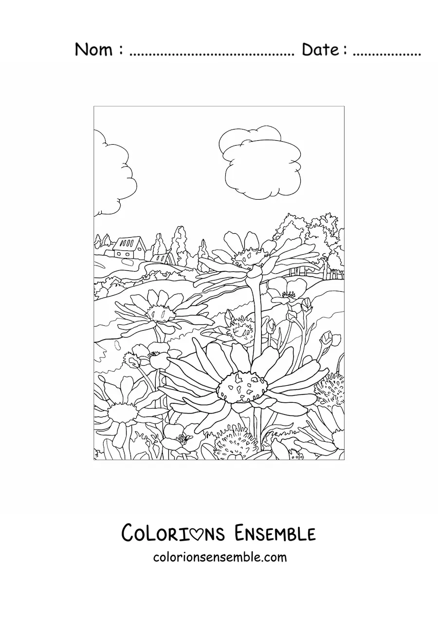 Image à colorier d'un paysage avec une maison à la campagne