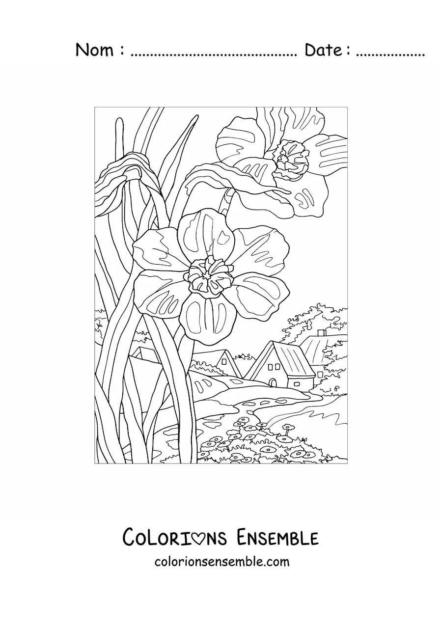 Image à colorier d'un paysage avec une maison à la campagne