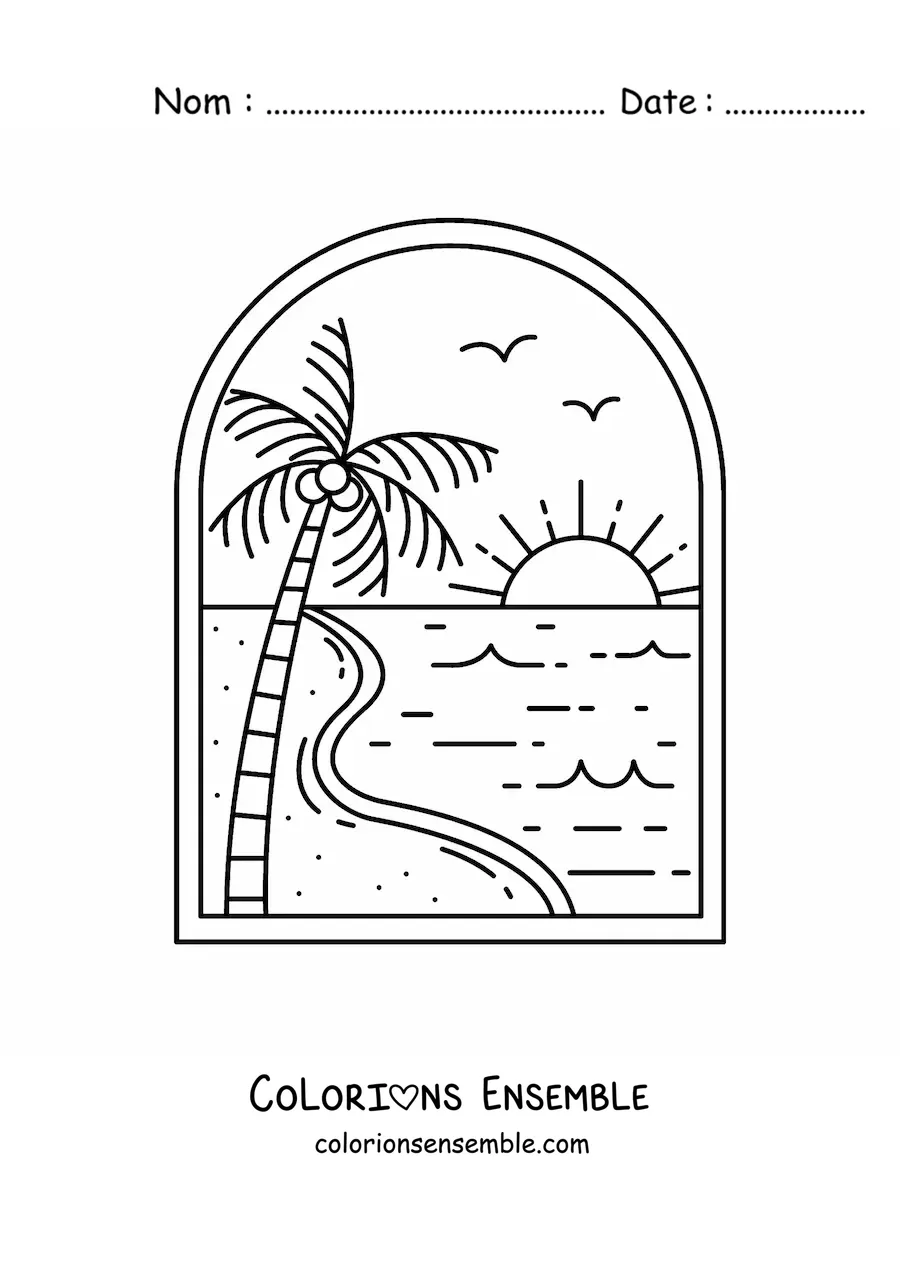Image à colorier d'un paysage de plage avec un palmier et le soleil