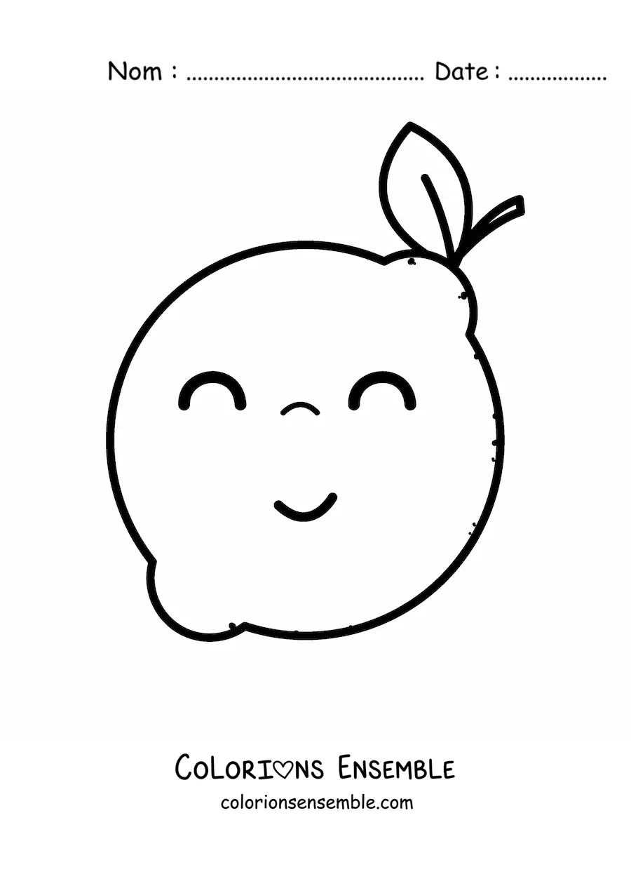Image à colorier d’un citron kawaii avec une feuille, souriant les yeux fermés