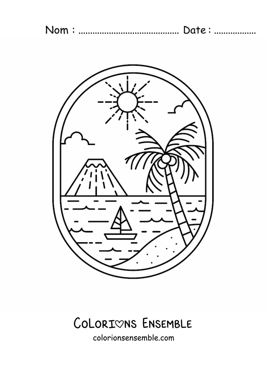 Image à colorier d'un paysage de plage avec un palmier et un volcan au fond