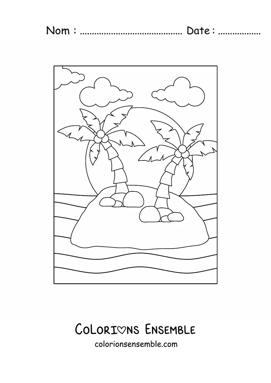 Image à colorier d'une île avec deux palmiers