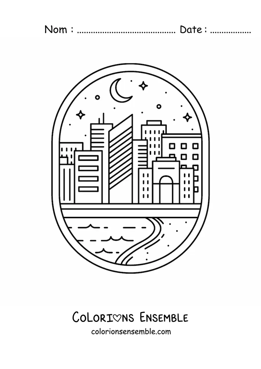 Image à colorier d'une ville avec une rivière