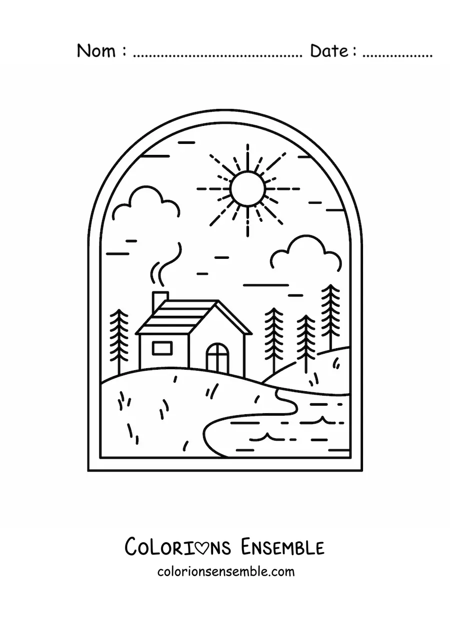 Image à colorier d'une maison à la campagne avec une rivière