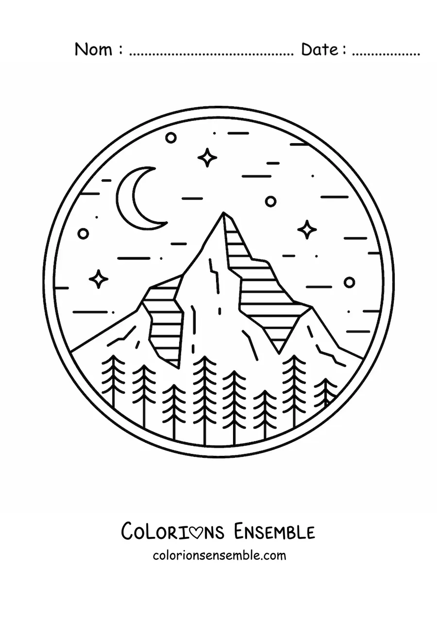 Image à colorier d'un paysage de forêt avec des montagnes, de nuit