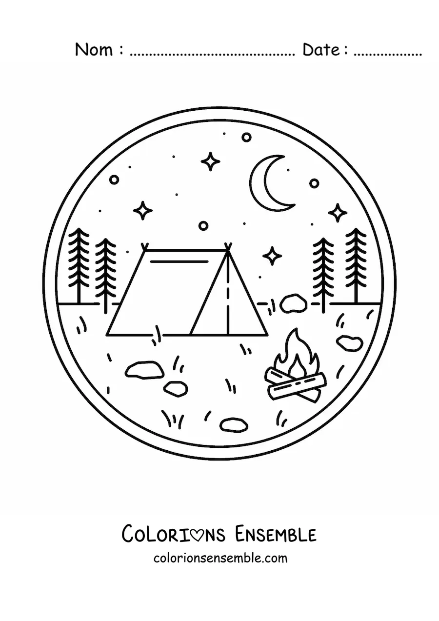 Image à colorier d'une tente de camping et d'un feu de camp dans la forêt