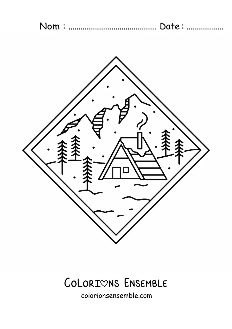 Image à colorier d'un paysage de montagne avec un chalet