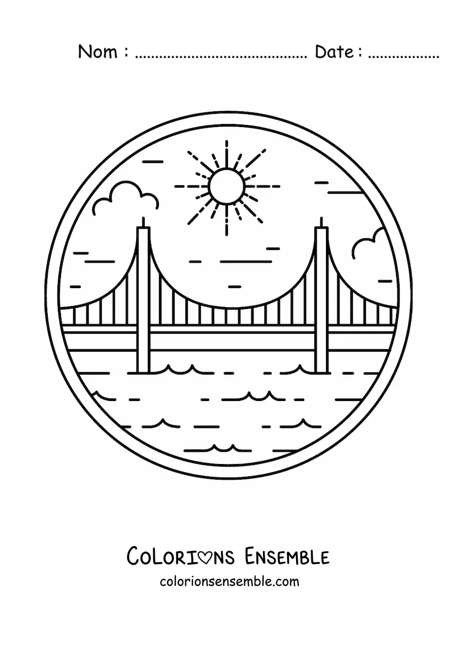 Image à colorier d'un pont au-dessus d'un lac