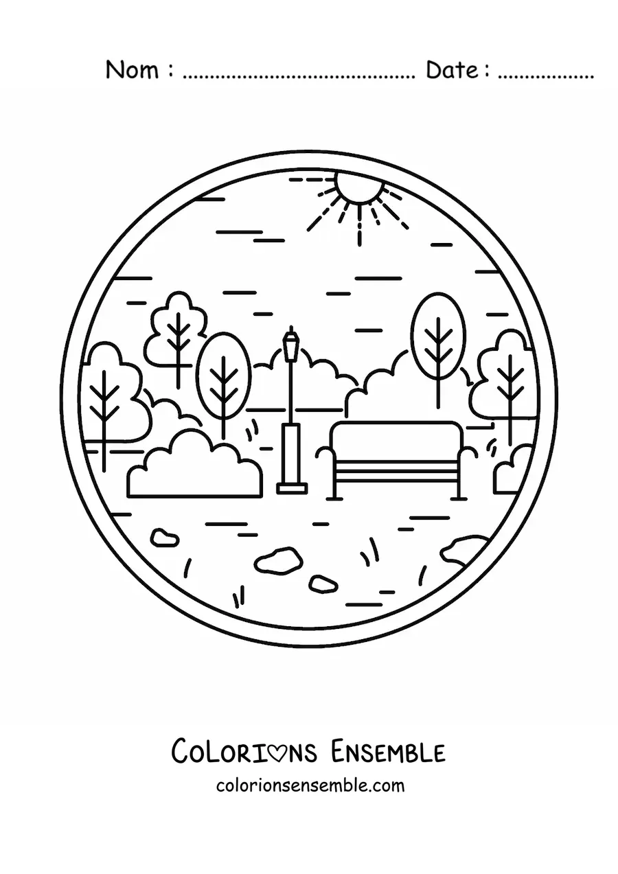 Image à colorier d'un banc dans un parc avec des arbres et un lampadaire