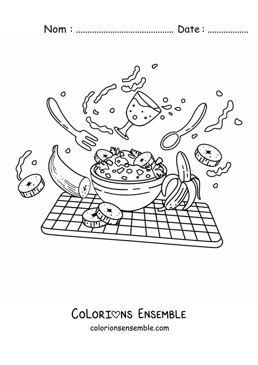 Image à colorier d’un petit-déjeuner de céréales au lait avec des bananes