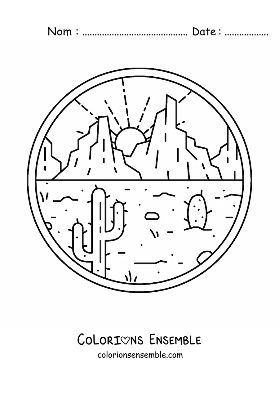 Image à colorier d'un paysage de désert avec deux cactus et des montagnes au fond