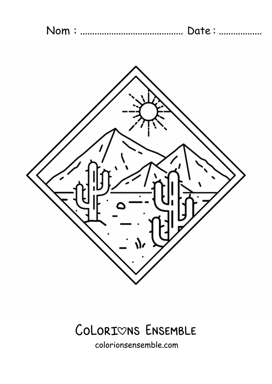 Image à colorier d'un paysage de désert avec deux cactus et des pyramides au fond