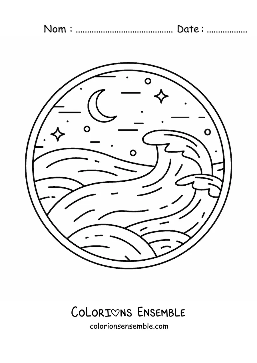 Image à colorier des vagues de la mer, de nuit
