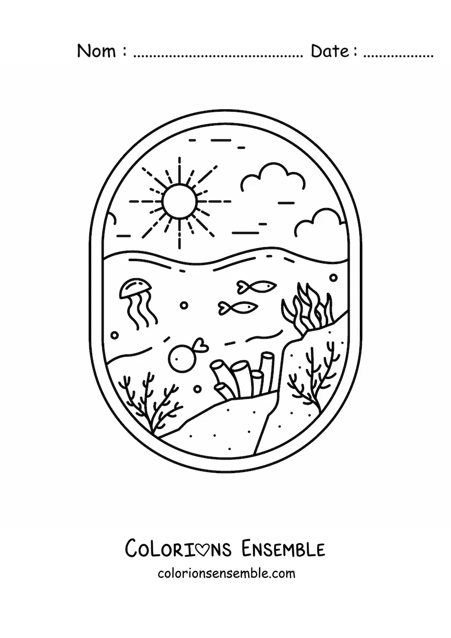 Image à colorier d'un paysage des fonds marins avec des poissons, une méduse et des coraux