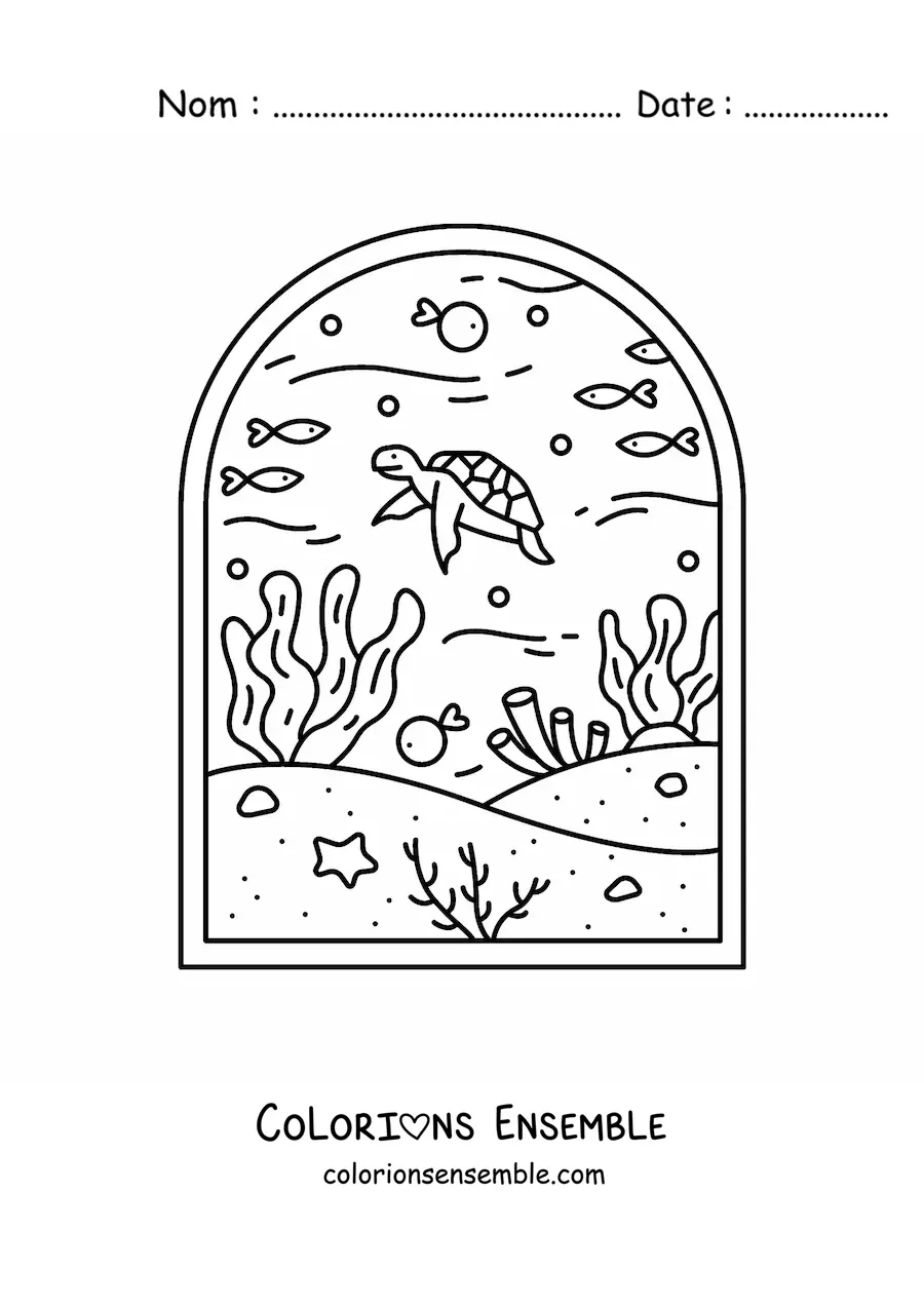 Image à colorier d'un paysage des fonds marins avec des poissons, une tortue et des coraux