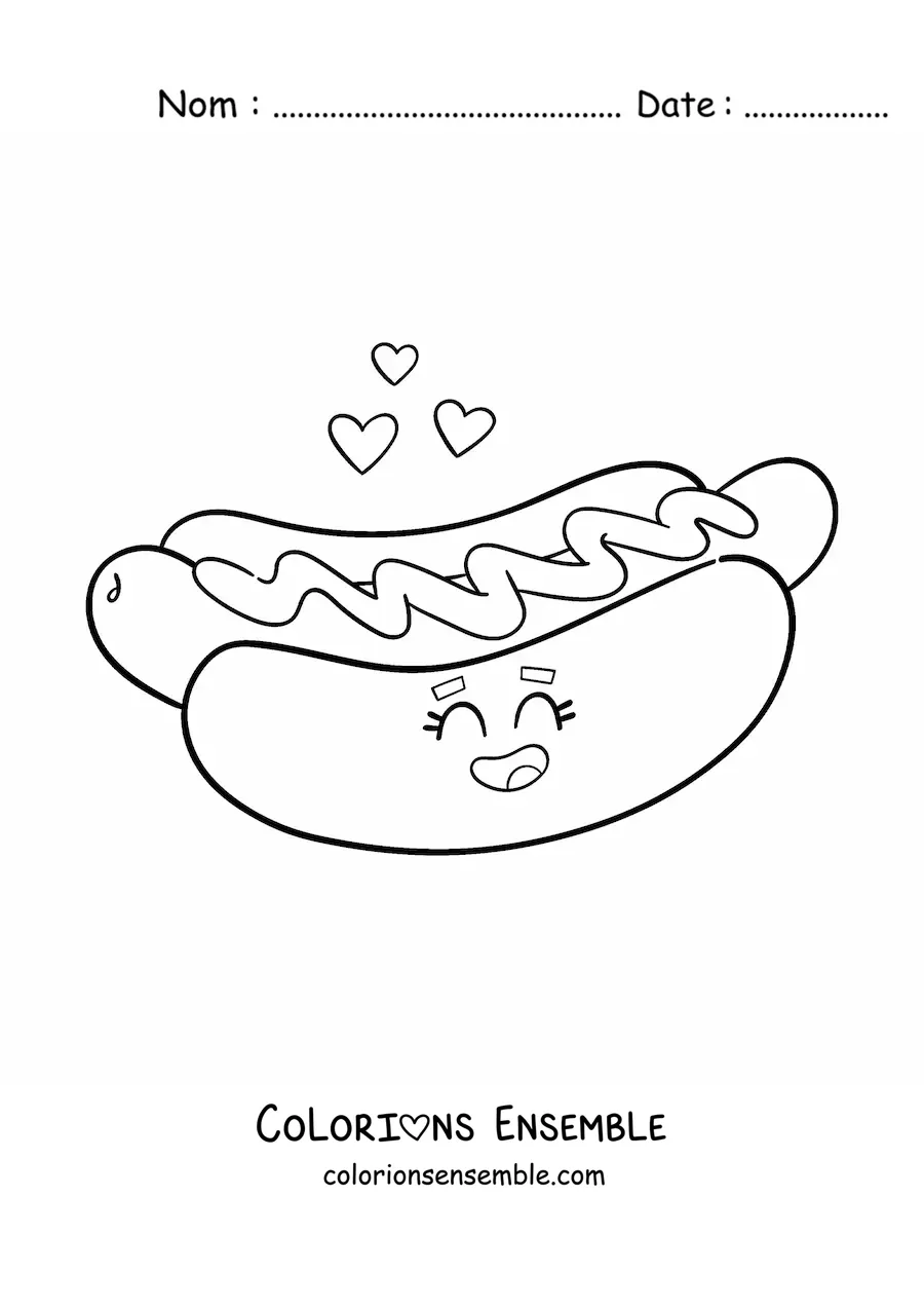 Image à colorier d'un hot-dog kawaii tout mignon avec des cœurs
