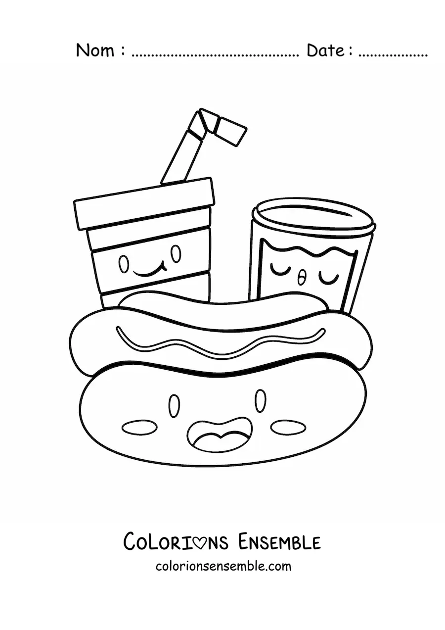Image à colorier d'un hot-dog kawaii tout mignon avec des boissons rigolotes