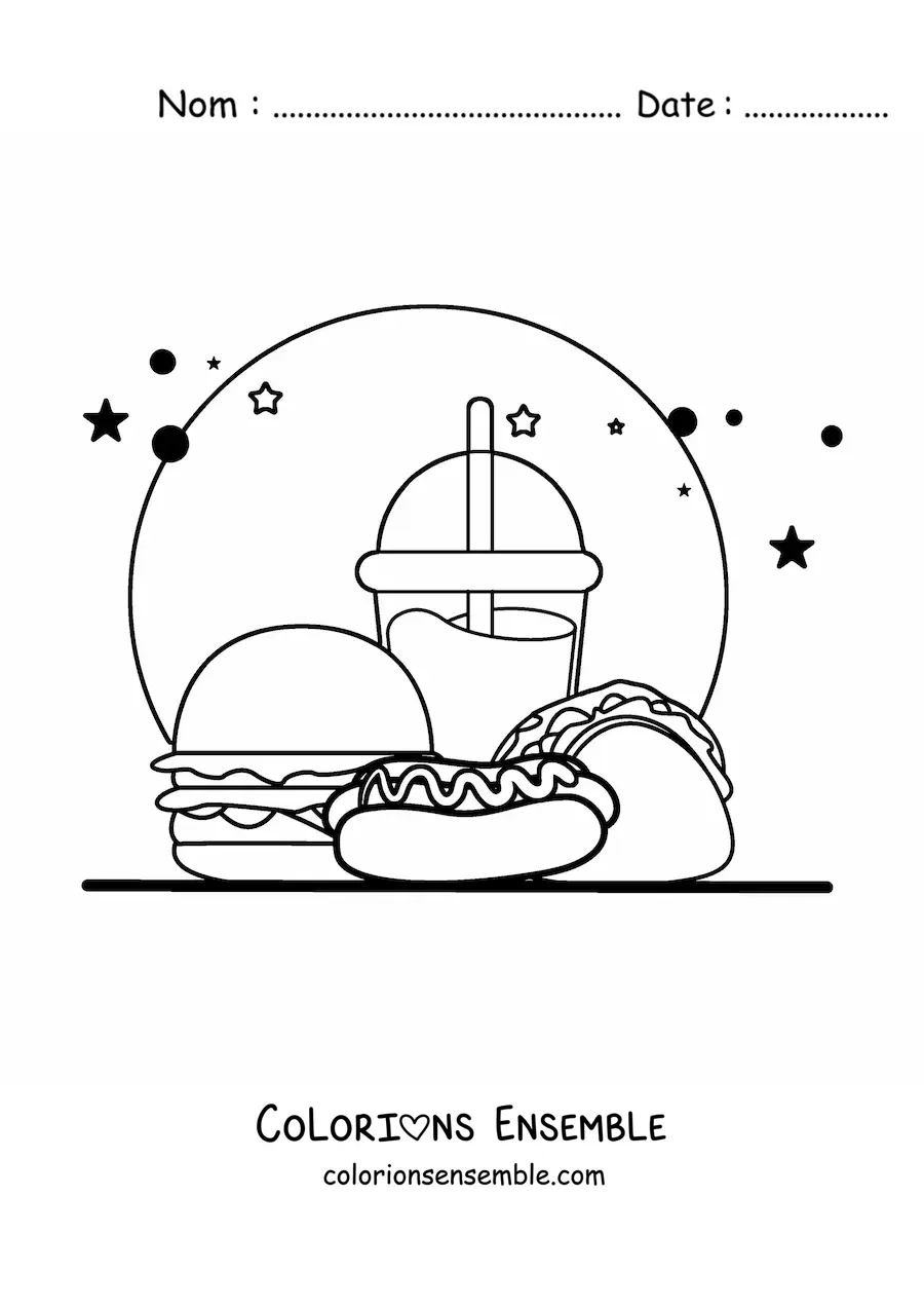 Image à colorier d'un hot-dog avec de la malbouffe