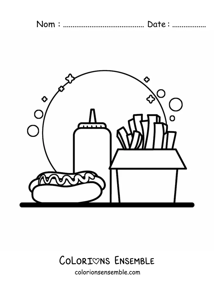 Image à colorier d'un hot-dog avec de la sauce et des frites