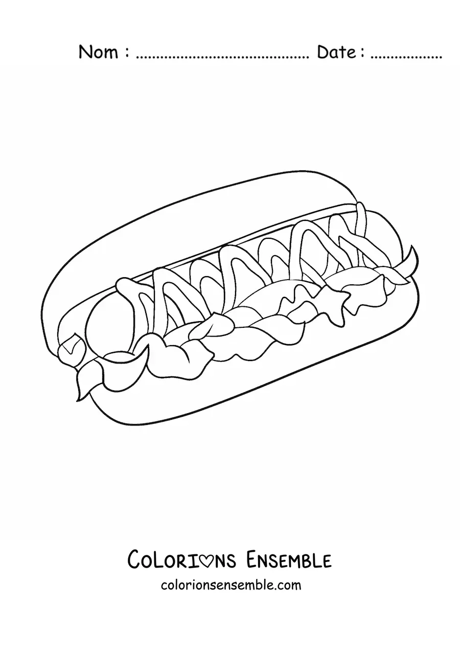 Image à colorier d'un hot-dog avec de la salade et des sauces