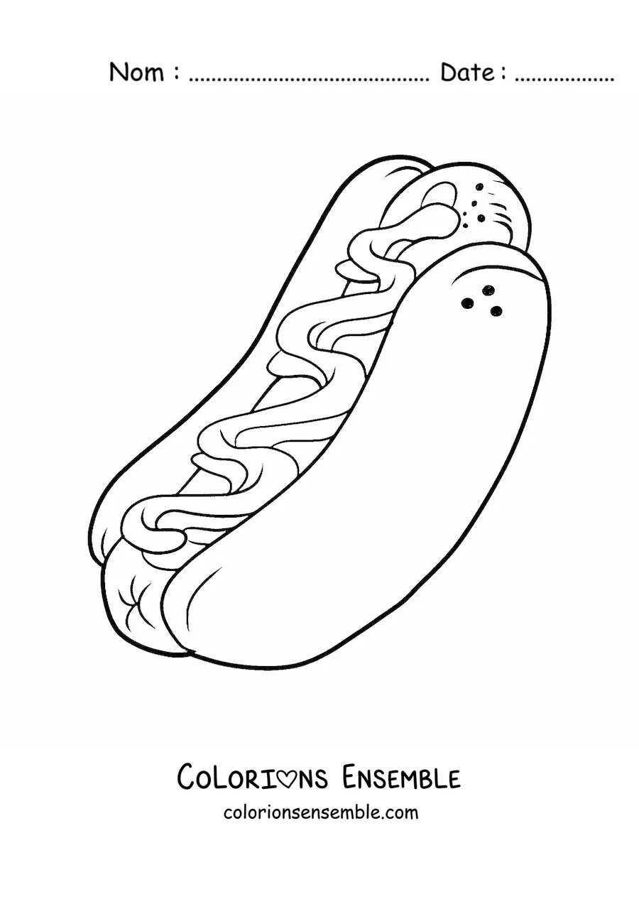 Image à colorier d'un grand hot-dog avec des sauces