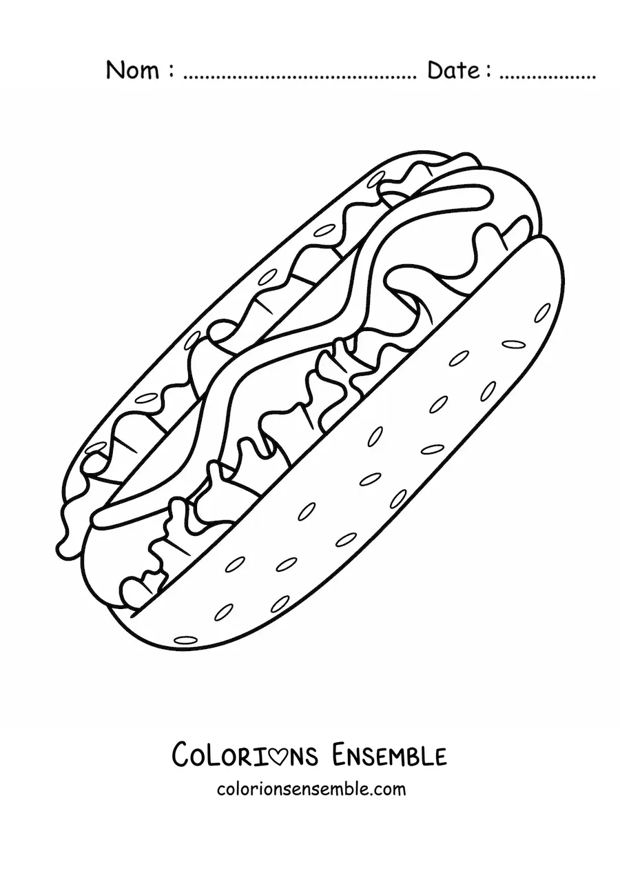 Image à colorier d'un grand hot-dog avec de la salade et de la sauce
