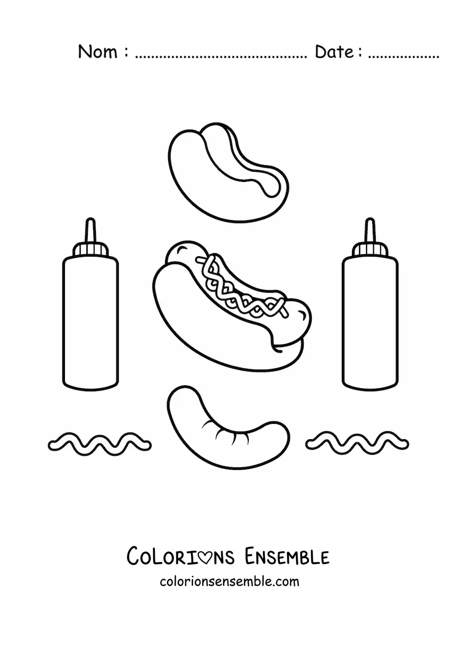 Image à colorier d'un hot-dog entouré de ses ingrédients