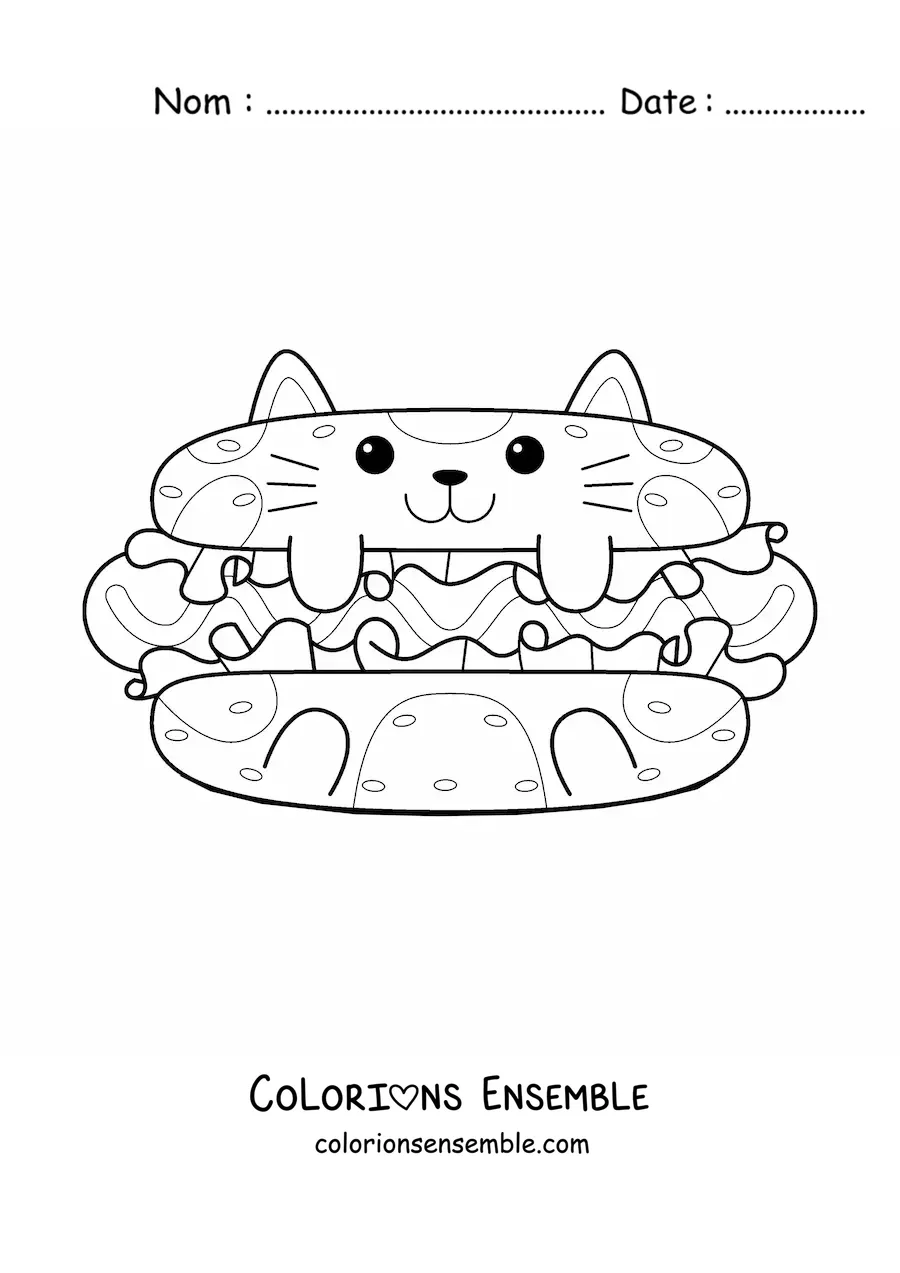 Image à colorier d'un hot-dog en forme de chat, kawaii et tout mignon