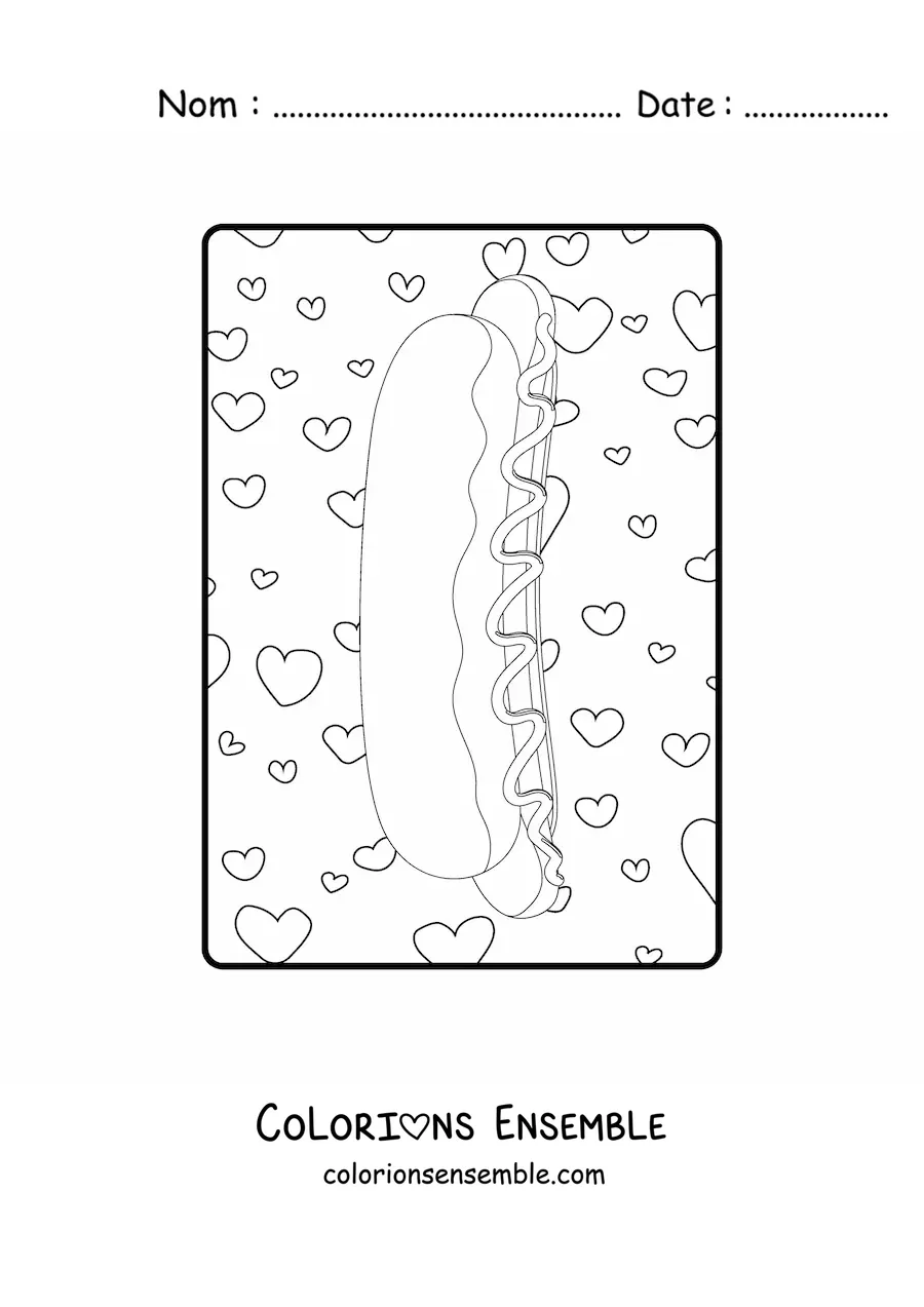 Image à colorier d'un hot-dog de profil avec des cœurs en arrière-plan